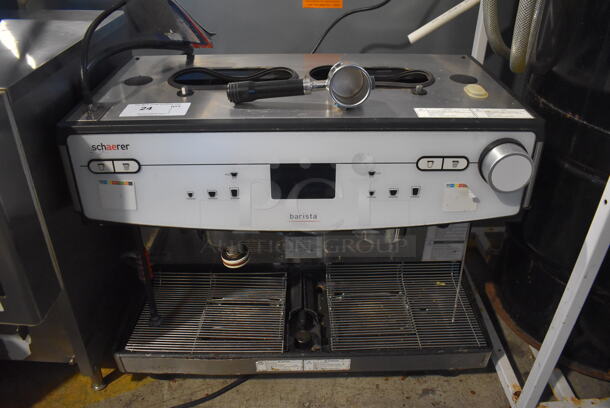 Schaerer Barista Stainless Steel Commercial Countertop 2 Group Espresso Machine w/ Portafilter, 2 Steam Wands. Missing Hoppers. 208 Volts, 1 Phase. 29x20x25 - Image 1 of 6