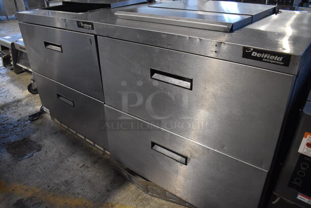 ALL ONE MONEY! Lot of 2 Delfield Stainless Steel Commercial Prep Table w/ 2 Drawers Connected w/ an Over Shelf. 115 Volts, 1 Phase. 64.5x34x55. Tested and Powers On But Does Not Get Cold - Image 2 of 11