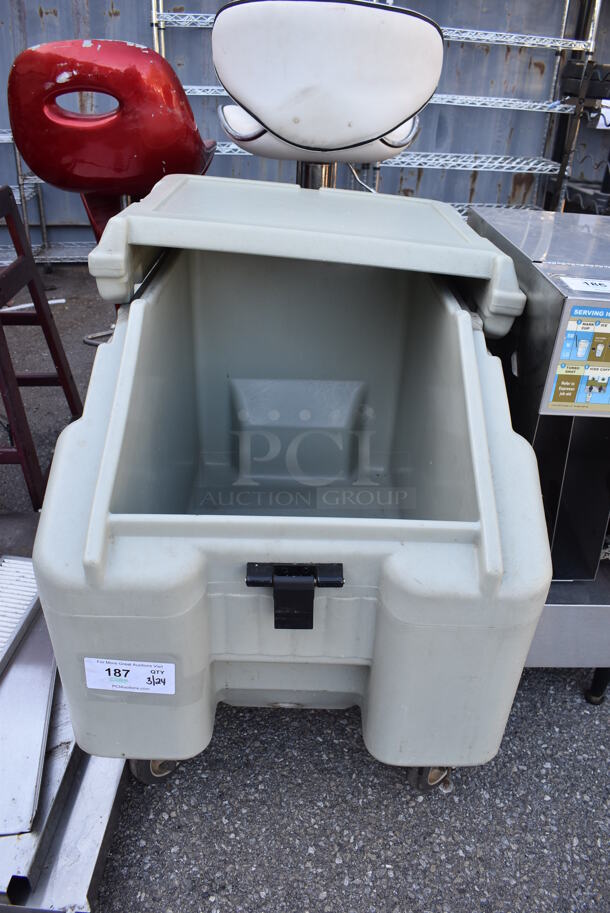 Gray Green Poly Insulated Portable Ice Bin on Commercial Casters. Missing Door. 22x32x30.5