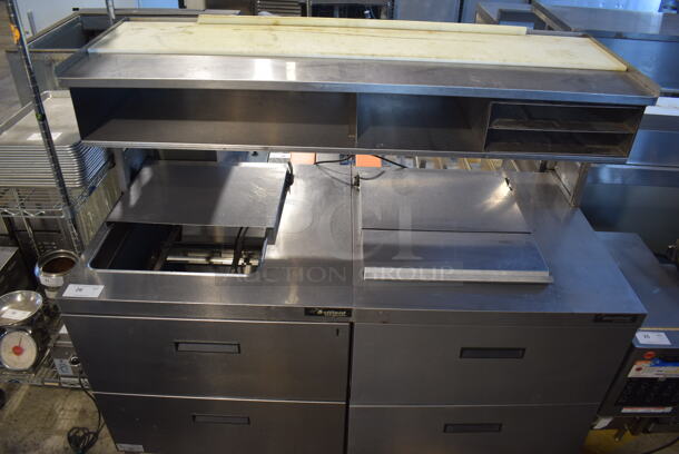 ALL ONE MONEY! Lot of 2 Delfield Stainless Steel Commercial Prep Table w/ 2 Drawers Connected w/ an Over Shelf. 115 Volts, 1 Phase. 64.5x34x55. Tested and Powers On But Does Not Get Cold - Image 6 of 11