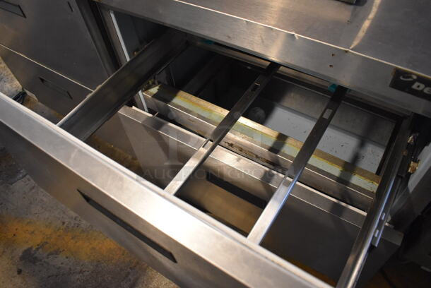 ALL ONE MONEY! Lot of 2 Delfield Stainless Steel Commercial Prep Table w/ 2 Drawers Connected w/ an Over Shelf. 115 Volts, 1 Phase. 64.5x34x55. Tested and Powers On But Does Not Get Cold - Image 9 of 11