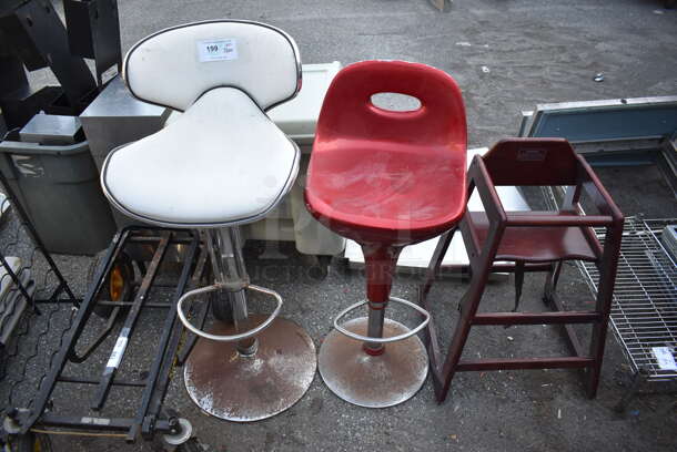 3 Various Items; 2 Chairs and 1 Wooden High Chair. Includes 18x19x44. 3 Times Your Bid!