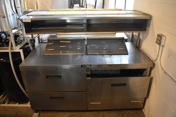Delfield Stainless Steel Commercial Sandwich Salad Prep Table Bain Marie Mega Top w/ 4 Drawers and Over Shelf on Commercial Casters. 115 Volts, 1 Phase. 64x32x57. Tested and Working!
