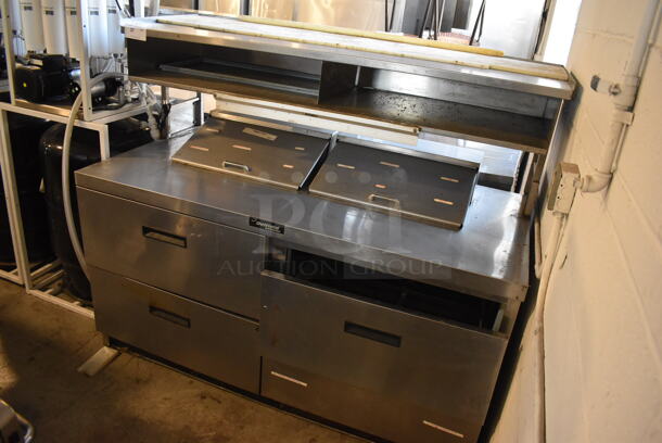Delfield Stainless Steel Commercial Sandwich Salad Prep Table Bain Marie Mega Top w/ 4 Drawers and Over Shelf on Commercial Casters. 115 Volts, 1 Phase. 64x32x57. Tested and Working! - Image 2 of 8