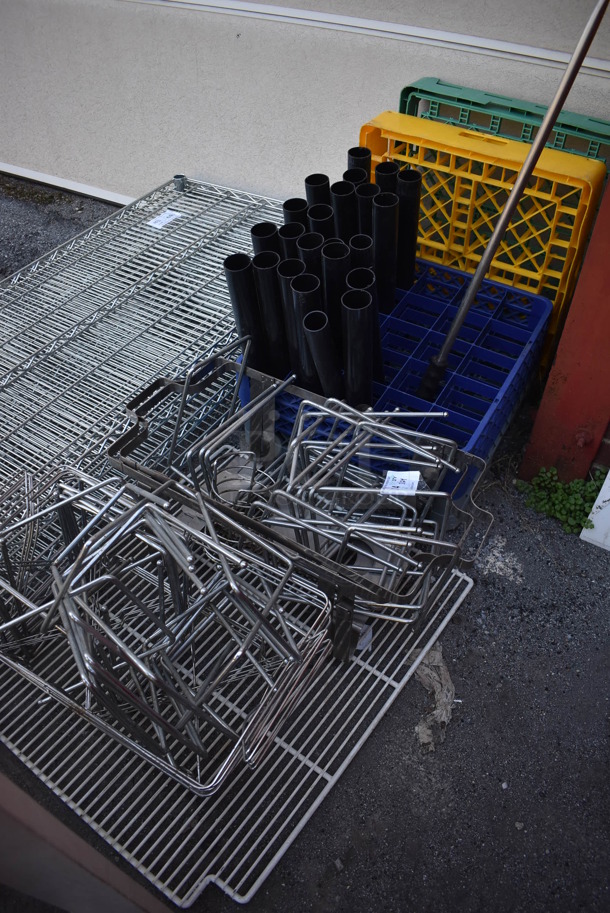 ALL ONE MONEY! Lot of Various Items Including Metal Pizza Pie Racks, Chafing Dish Frames, Poly Dish Caddy