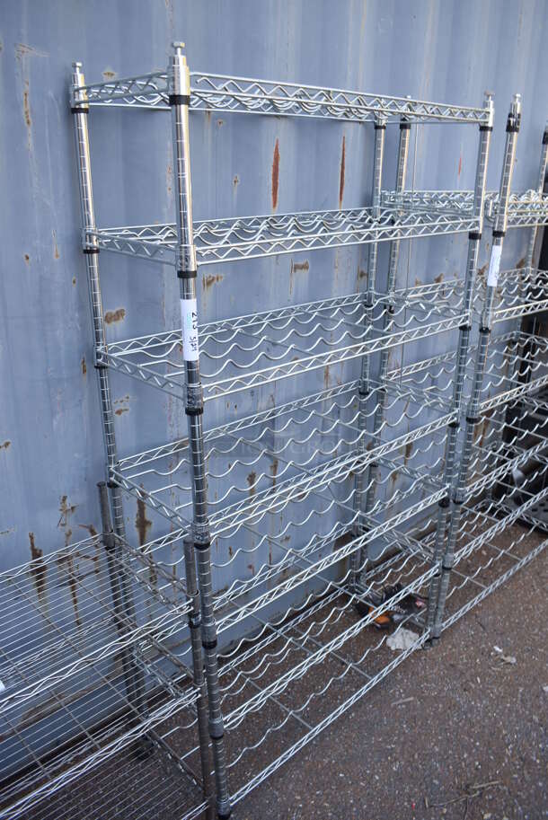 Chrome Finish 7 Tier Wire Wine Bottle Shelving Unit. BUYER MUST DISMANTLE. PCI CANNOT DISMANTLE FOR SHIPPING. PLEASE CONSIDER FREIGHT CHARGES. 36x14x65 - Image 1 of 4