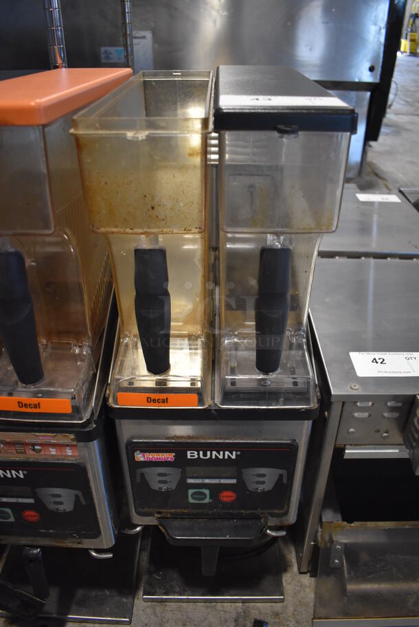 2013 Bunn MHG Stainless Steel Commercial Countertop 2 Hopper Coffee Bean Grinder w/ Metal Brew Basket. Missing 1 Lid. 120 Volts, 1 Phase. 9x17x29. Tested and Working! - Image 1 of 6