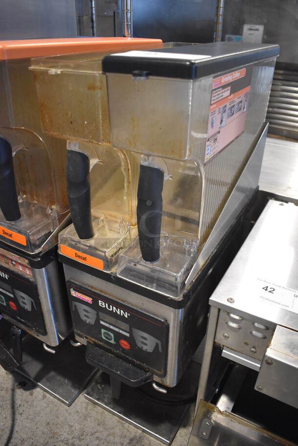 2013 Bunn MHG Stainless Steel Commercial Countertop 2 Hopper Coffee Bean Grinder w/ Metal Brew Basket. Missing 1 Lid. 120 Volts, 1 Phase. 9x17x29. Tested and Working! - Image 2 of 6