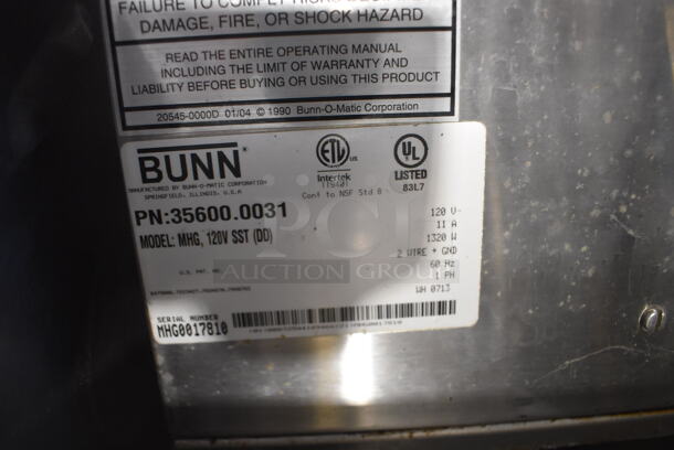 2013 Bunn MHG Stainless Steel Commercial Countertop 2 Hopper Coffee Bean Grinder w/ Metal Brew Basket. Missing 1 Lid. 120 Volts, 1 Phase. 9x17x29. Tested and Working! - Image 6 of 6