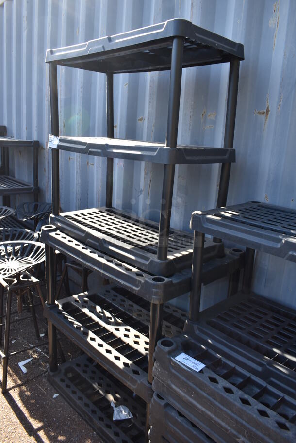 2 Black Poly Shelving Units; Two Tier and Three Tier. 36x18x36, 36x24x39. 2 Times Your Bid!