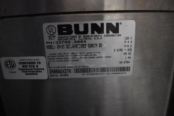 Bunn G9-2T DBC Stainless Steel Commercial Countertop 2 Hopper Coffee Bean Grinder. 120 Volts, 1 Phase. 8.5x18x28. Tested and Working! - Image 6 of 7
