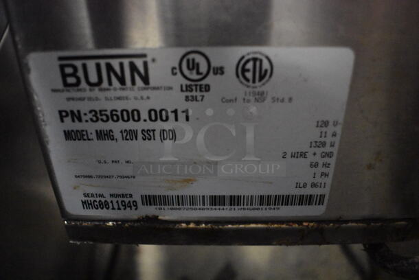 2011 Bunn MHG Stainless Steel Commercial Countertop 2 Hopper Coffee Bean Grinder w/ Metal Brew Basket. 120 Volts, 1 Phase. 9x17x29. Tested and Does Not Power On - Image 7 of 8