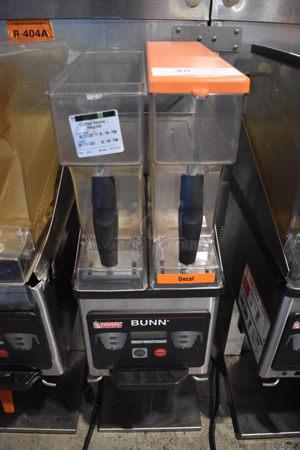 2016 Bunn MHG Stainless Steel Commercial Countertop 2 Hopper Coffee Bean Grinder w/ Metal Brew Basket. Missing 1 Lid. 120 Volts, 1 Phase. 9x17x29. Tested and Does Not Power On - Image 1 of 8