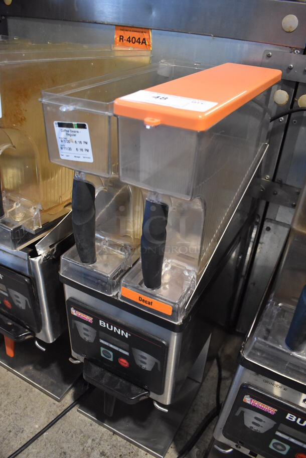 2016 Bunn MHG Stainless Steel Commercial Countertop 2 Hopper Coffee Bean Grinder w/ Metal Brew Basket. Missing 1 Lid. 120 Volts, 1 Phase. 9x17x29. Tested and Does Not Power On - Image 2 of 8