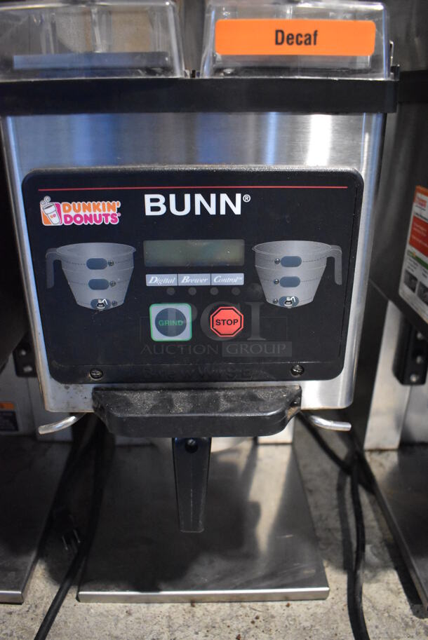 2016 Bunn MHG Stainless Steel Commercial Countertop 2 Hopper Coffee Bean Grinder w/ Metal Brew Basket. Missing 1 Lid. 120 Volts, 1 Phase. 9x17x29. Tested and Does Not Power On - Image 4 of 8