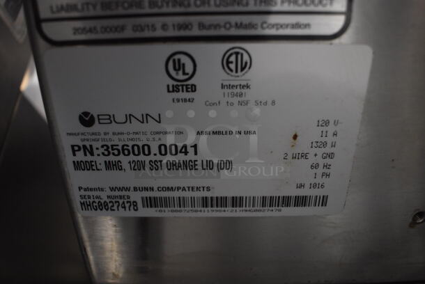 2016 Bunn MHG Stainless Steel Commercial Countertop 2 Hopper Coffee Bean Grinder w/ Metal Brew Basket. Missing 1 Lid. 120 Volts, 1 Phase. 9x17x29. Tested and Does Not Power On - Image 8 of 8