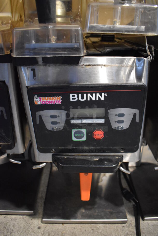 2010 Bunn MHG Stainless Steel Commercial Countertop 2 Hopper Coffee Bean Grinder w/ Metal Brew Basket. Missing Lids. See Pictures For Damage. 120 Volts, 1 Phase. 9x17x29. Tested and Powers On But Parts Do Not Move - Image 4 of 11