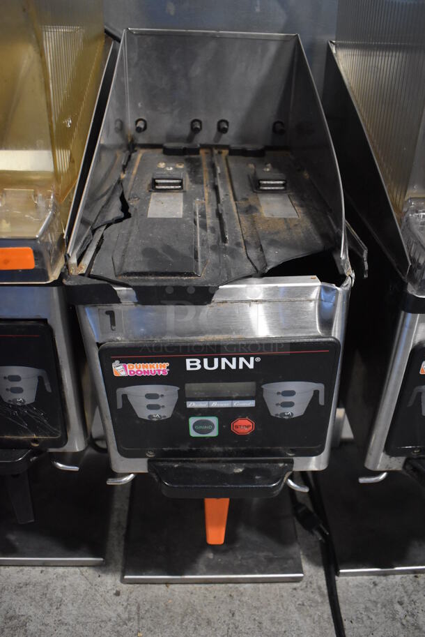 2010 Bunn MHG Stainless Steel Commercial Countertop 2 Hopper Coffee Bean Grinder w/ Metal Brew Basket. Missing Lids. See Pictures For Damage. 120 Volts, 1 Phase. 9x17x29. Tested and Powers On But Parts Do Not Move - Image 7 of 11