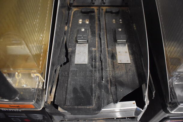 2010 Bunn MHG Stainless Steel Commercial Countertop 2 Hopper Coffee Bean Grinder w/ Metal Brew Basket. Missing Lids. See Pictures For Damage. 120 Volts, 1 Phase. 9x17x29. Tested and Powers On But Parts Do Not Move - Image 8 of 11