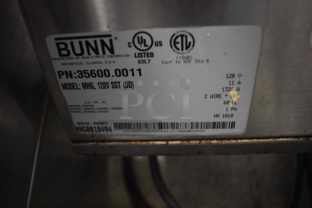 2010 Bunn MHG Stainless Steel Commercial Countertop 2 Hopper Coffee Bean Grinder w/ Metal Brew Basket. Missing Lids. See Pictures For Damage. 120 Volts, 1 Phase. 9x17x29. Tested and Powers On But Parts Do Not Move - Image 10 of 11