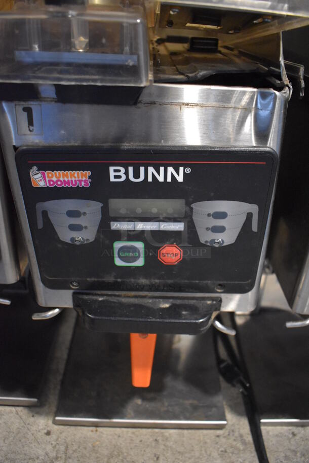 2010 Bunn MHG Stainless Steel Commercial Countertop 2 Hopper Coffee Bean Grinder w/ Metal Brew Basket. Missing Lids. See Pictures For Damage. 120 Volts, 1 Phase. 9x17x29. Tested and Powers On But Parts Do Not Move - Image 11 of 11