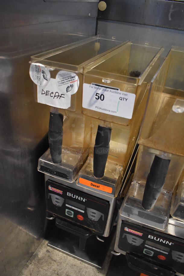 2010 Bunn MHG Stainless Steel Commercial Countertop 2 Hopper Coffee Bean Grinder w/ Metal Brew Basket. Missing Lids. 120 Volts, 1 Phase. 9x17x29. Tested and Does Not Power On - Image 2 of 5