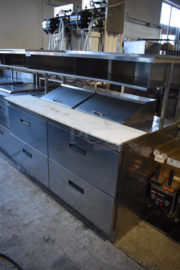 Delfield Stainless Steel Commercial Sandwich Salad Prep Table Bain Marie Mega Top w/ 4 Drawers and Over Shelf on Commercial Casters. 115 Volts, 1 Phase. 64x32x57. Tested and Working!