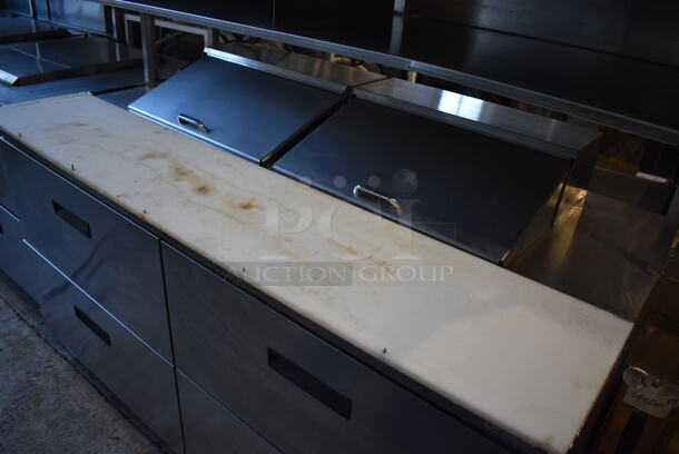 Delfield Stainless Steel Commercial Sandwich Salad Prep Table Bain Marie Mega Top w/ 4 Drawers and Over Shelf on Commercial Casters. 115 Volts, 1 Phase. 64x32x57. Tested and Working! - Image 3 of 9