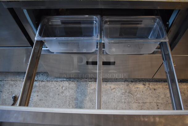 Delfield Stainless Steel Commercial Sandwich Salad Prep Table Bain Marie Mega Top w/ 4 Drawers and Over Shelf on Commercial Casters. 115 Volts, 1 Phase. 64x32x57. Tested and Working! - Image 8 of 9