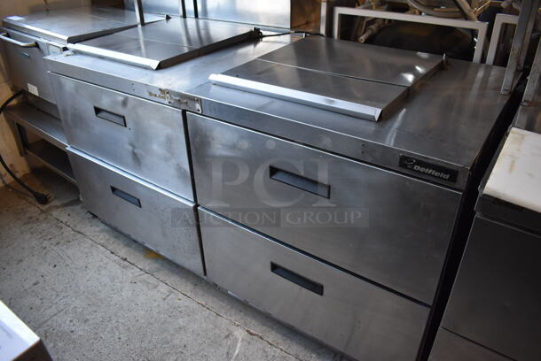 ALL ONE MONEY! Lot of 2 Delfield Stainless Steel Commercial Prep Table w/ 2 Drawers Connected w/ an Over Shelf. 115 Volts, 1 Phase. 64.5x34x55. Tested and Powers On But Does Not Get Cold - Image 2 of 10