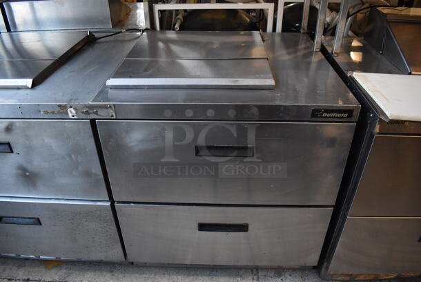ALL ONE MONEY! Lot of 2 Delfield Stainless Steel Commercial Prep Table w/ 2 Drawers Connected w/ an Over Shelf. 115 Volts, 1 Phase. 64.5x34x55. Tested and Powers On But Does Not Get Cold - Image 3 of 10