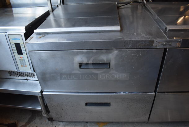 ALL ONE MONEY! Lot of 2 Delfield Stainless Steel Commercial Prep Table w/ 2 Drawers Connected w/ an Over Shelf. 115 Volts, 1 Phase. 64.5x34x55. Tested and Powers On But Does Not Get Cold - Image 4 of 10