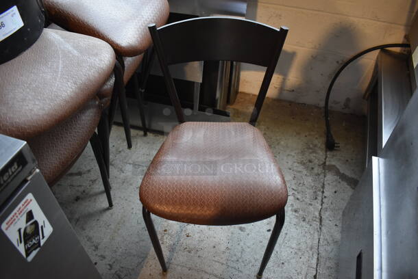 4 Dark Brown Metal Dining Chairs w/ Brown Woven Pattern Seat Cushion. Stock Picture - Cosmetic Condition May Vary. 17x17x32. 4 Times Your Bid!