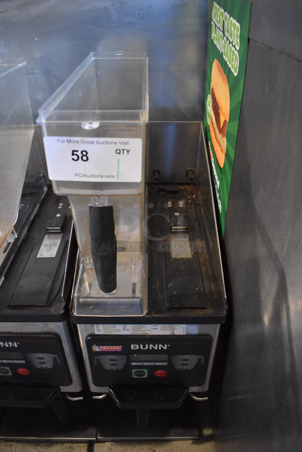 2012 Bunn MHG Stainless Steel Commercial Countertop 2 Hopper Coffee Bean Grinder w/ Metal Brew Basket. Missing 1 Hopper and 2 Lids. 120 Volts, 1 Phase. 9x17x29. Tested and Working!