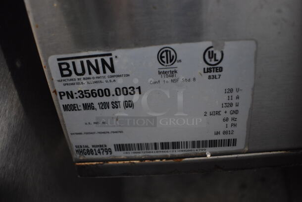 2012 Bunn MHG Stainless Steel Commercial Countertop 2 Hopper Coffee Bean Grinder w/ Metal Brew Basket. Missing 1 Hopper and 2 Lids. 120 Volts, 1 Phase. 9x17x29. Tested and Working! - Image 6 of 7