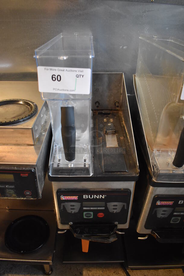 Bunn MHG Stainless Steel Commercial Countertop 2 Hopper Coffee Bean Grinder w/ Metal Brew Basket. Missing 1 Hopper and 2 Lids. 120 Volts, 1 Phase. 9x17x29. Tested and Working!