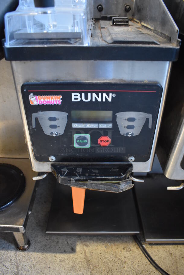 Bunn MHG Stainless Steel Commercial Countertop 2 Hopper Coffee Bean Grinder w/ Metal Brew Basket. Missing 1 Hopper and 2 Lids. 120 Volts, 1 Phase. 9x17x29. Tested and Working! - Image 4 of 6