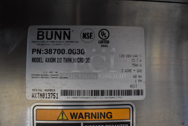 2013 Bunn AXIOM 2/2 TWIN Stainless Steel Commercial Countertop 4 Burner Coffee Machine w/ 1 Metal Brew Basket. 120/208-240 Volts, 1 Phase. 16x18x24 - Image 6 of 6