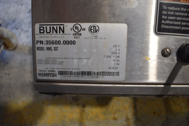 2010 Bunn MHG Stainless Steel Commercial Countertop 2 Hopper Coffee Bean Grinder. Missing Hoppers and Lids. 120 Volts, 1 Phase. 9x17x23. Tested and Working! - Image 6 of 6
