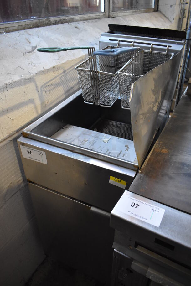 Stainless Steel Commercial Natural Gas Powered Floor Style Deep Fat Fryer w/ 2 Metal Fry Baskets and Right Side Splash Guard on Commercial Casters. 15.5x30x48 - Image 2 of 6