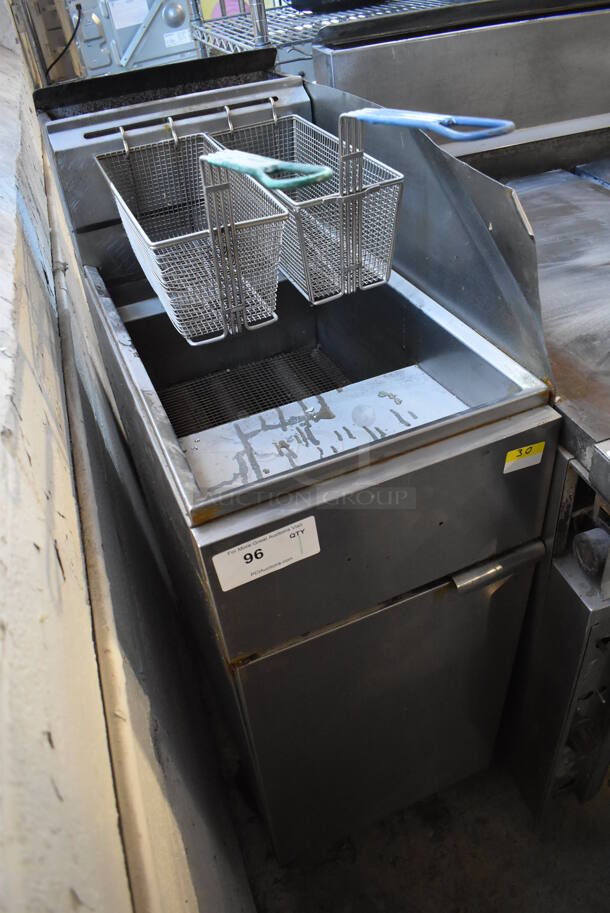 Stainless Steel Commercial Natural Gas Powered Floor Style Deep Fat Fryer w/ 2 Metal Fry Baskets and Right Side Splash Guard on Commercial Casters. 15.5x30x48 - Image 3 of 6