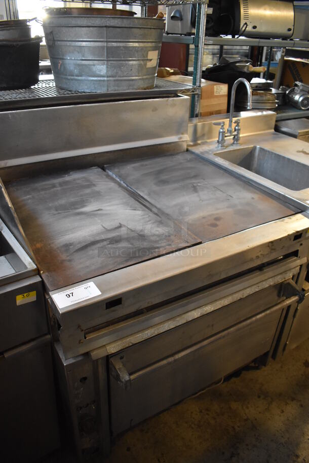 Jade Range Stainless Steel Commercial Natural Gas Powered Flat Top Griddle w/ Convection Oven and Back Splash on Commercial Casters. 36x36x48