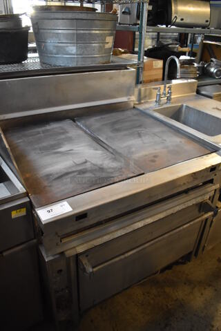 Jade Range Stainless Steel Commercial Natural Gas Powered Flat Top Griddle w/ Convection Oven and Back Splash on Commercial Casters. 36x36x48