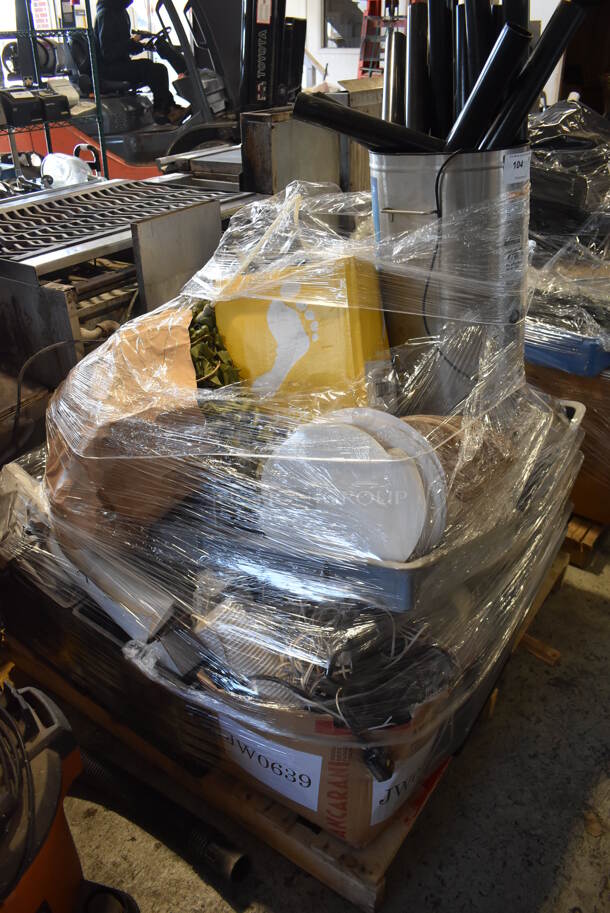 PALLET LOT OF Various Items Including Beverage Holder Dispenser, Wires and Paper Product