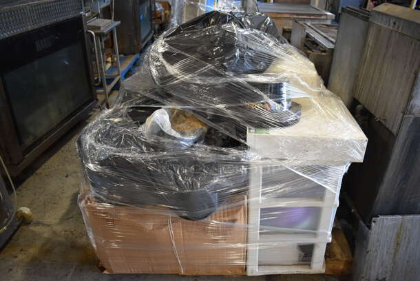 PALLET LOT OF Various Items Including White Poly 3 Drawer Cabinet, Decor and Paper Product