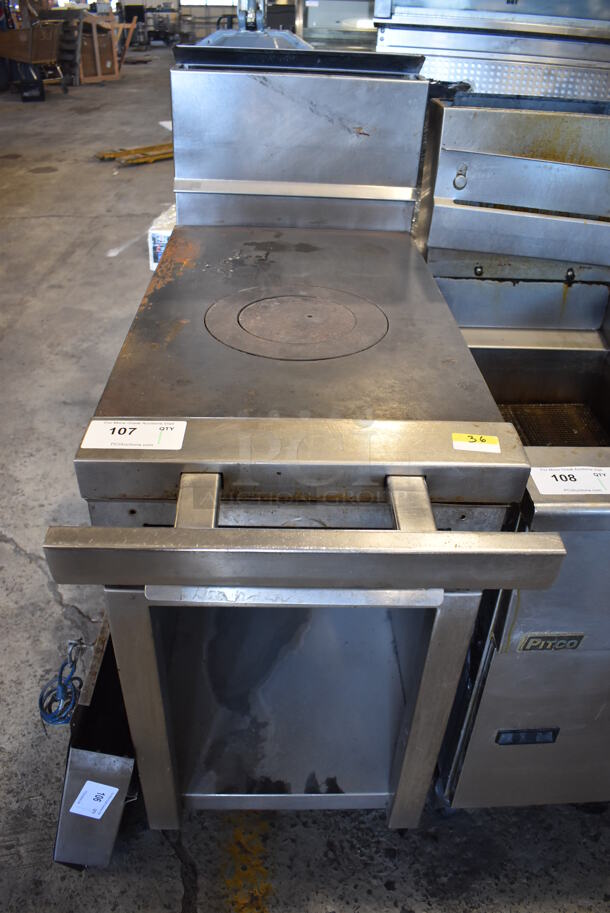 Stainless Steel Commercial Natural Gas Powered Single Burner French Top Range w/ Back Splash and Under Shelf on Commercial Casters. 18x40x49