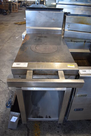 Stainless Steel Commercial Natural Gas Powered Single Burner French Top Range w/ Back Splash and Under Shelf on Commercial Casters. 18x40x49