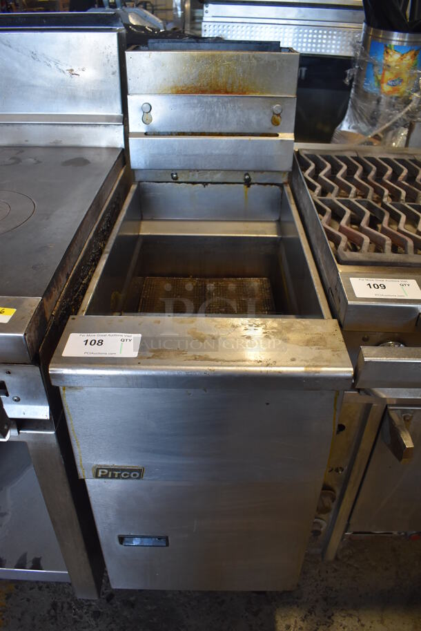 Pitco Frialator SG14 Stainless Steel Commercial Floor Style Natural Gas Powered Deep Fat Fryer on Commercial Casters. 110,000 BTU. 15.5x34x48 - Image 1 of 7