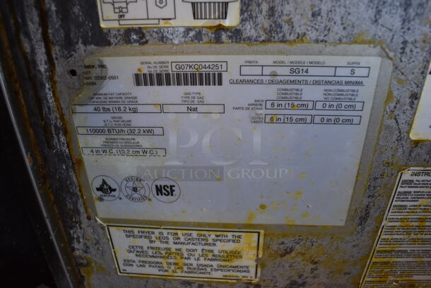 Pitco Frialator SG14 Stainless Steel Commercial Floor Style Natural Gas Powered Deep Fat Fryer on Commercial Casters. 110,000 BTU. 15.5x34x48 - Image 7 of 7