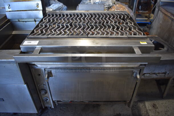 Jade Range Stainless Steel Commercial Natural Gas Powered 6 Burner Charbroiler Style Grill w/ Convection Oven on Commercial Casters. 36x40x37
